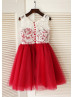 Ivory Lace Red Tulle Knee Length Flower Girl Dress